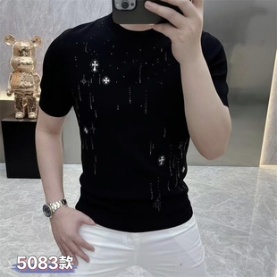 夏季新款潮牌印花短袖T恤男黑色圆领修身百搭帅气时尚男短袖上衣