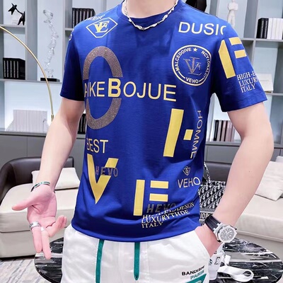 夏季新款薄款冰丝短袖T恤男时尚潮流青年字母提花烫钻修身体恤