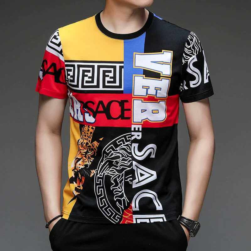 短袖t恤男夏季新款圆领冰丝透气印花半袖体恤百搭潮流ins修身上衣