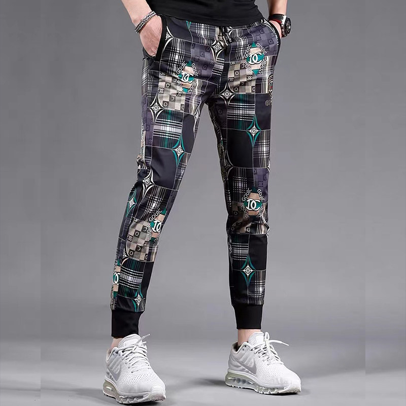 休闲裤男士秋冬潮牌弹力格子印花运动小脚卫裤修身百搭束脚裤子