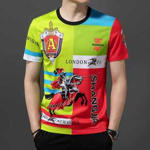 短袖t恤男2025春夏新款冰丝时尚修身体恤衫印花修身潮流半袖上衣