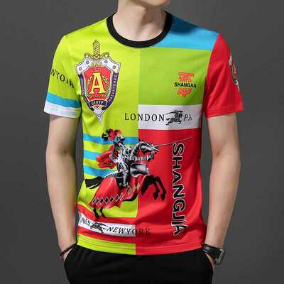 短袖t恤男2025春夏新款冰丝时尚修身体恤衫印花修身潮流半袖上衣