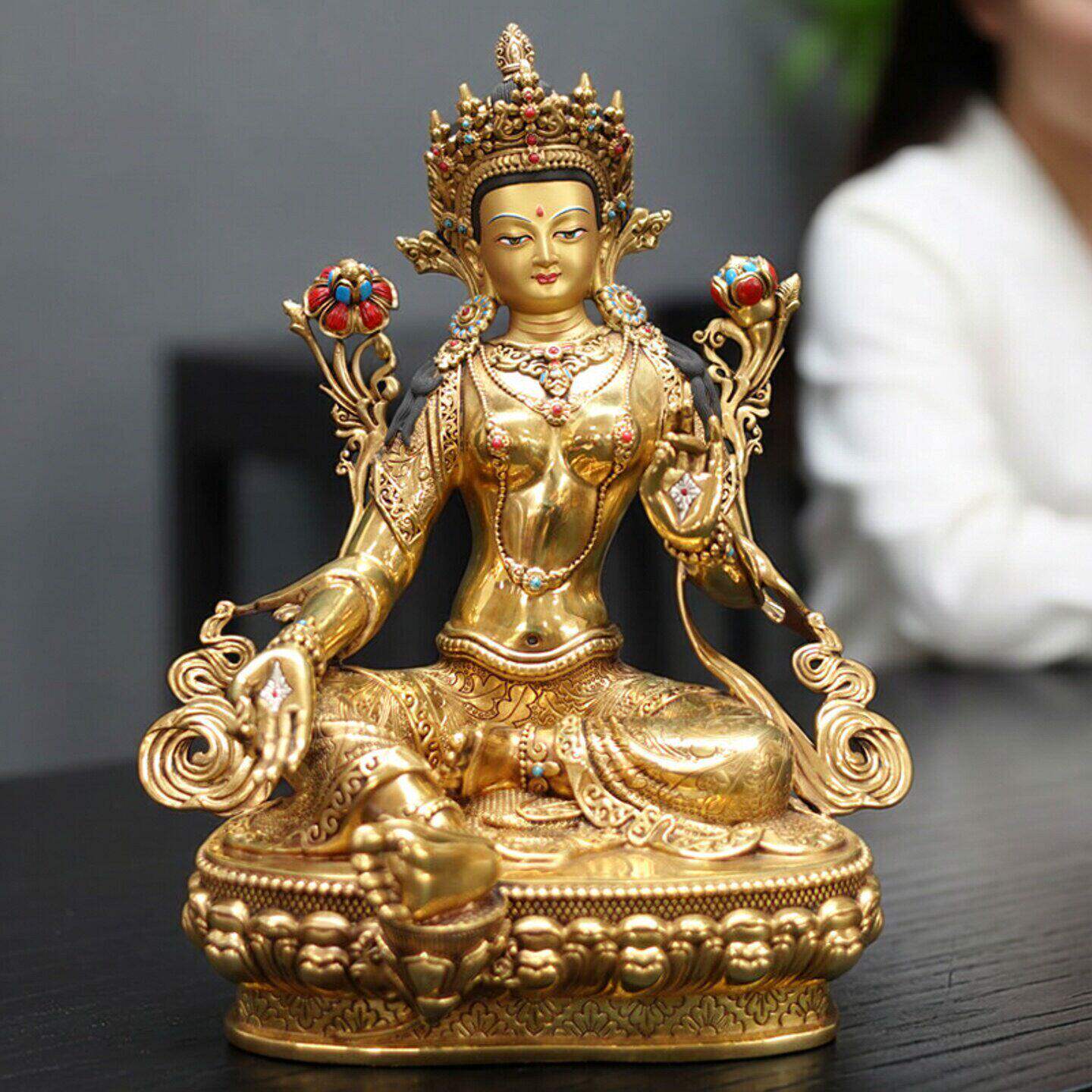 尼泊尔工艺黄铜绿度母佛像纯铜手工錾刻装饰供奉菩萨摆件多尺寸选