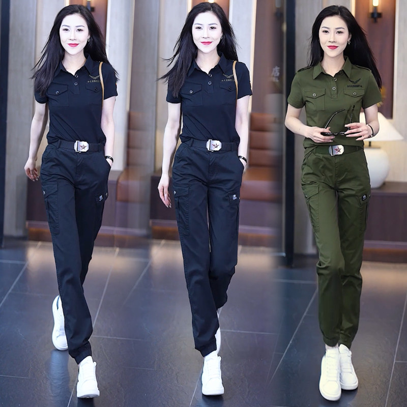 夏季迷彩服女短袖套装新款工装直筒长裤运动减龄束脚裤时尚两件套