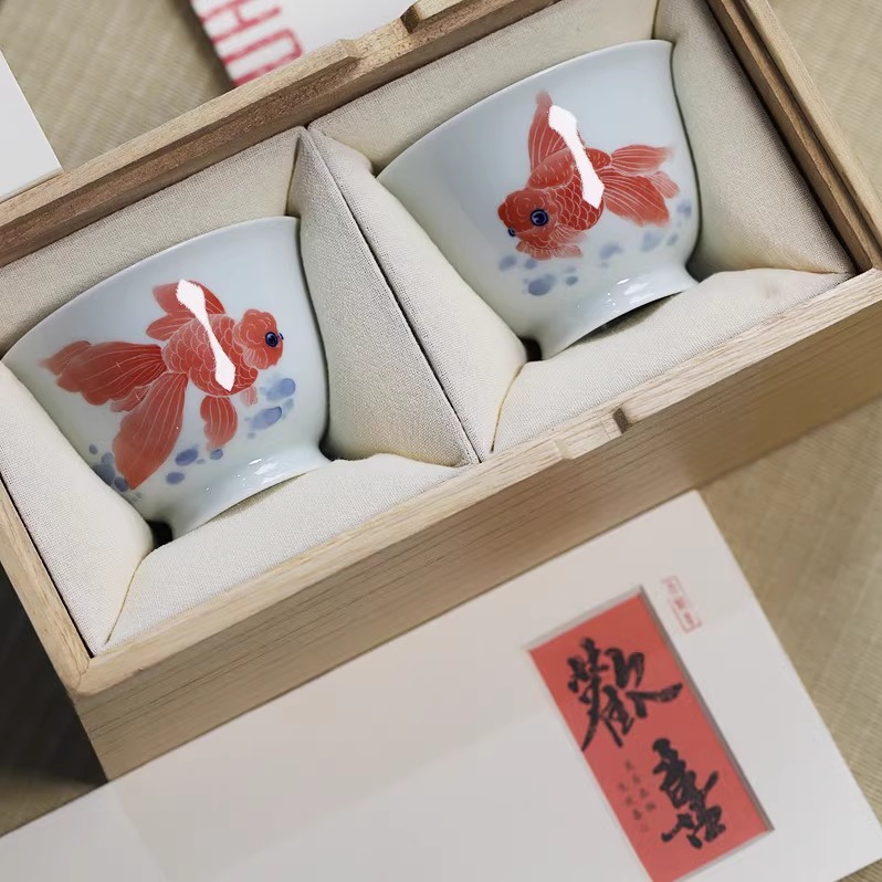 大鱼美器 鸿运当头对杯 景德镇陶瓷手绘茶杯礼金鱼主人杯茶具礼品