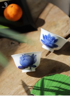 薄胎青花莲花杯 大鱼美器 景德镇纯手工茶杯陶瓷主人杯茶具伴手礼