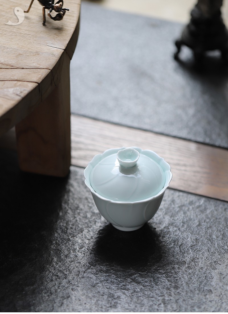 大鱼美器 影青如意莲花盖碗 陶瓷泡茶碗景德镇雕刻盖杯小号二才碗