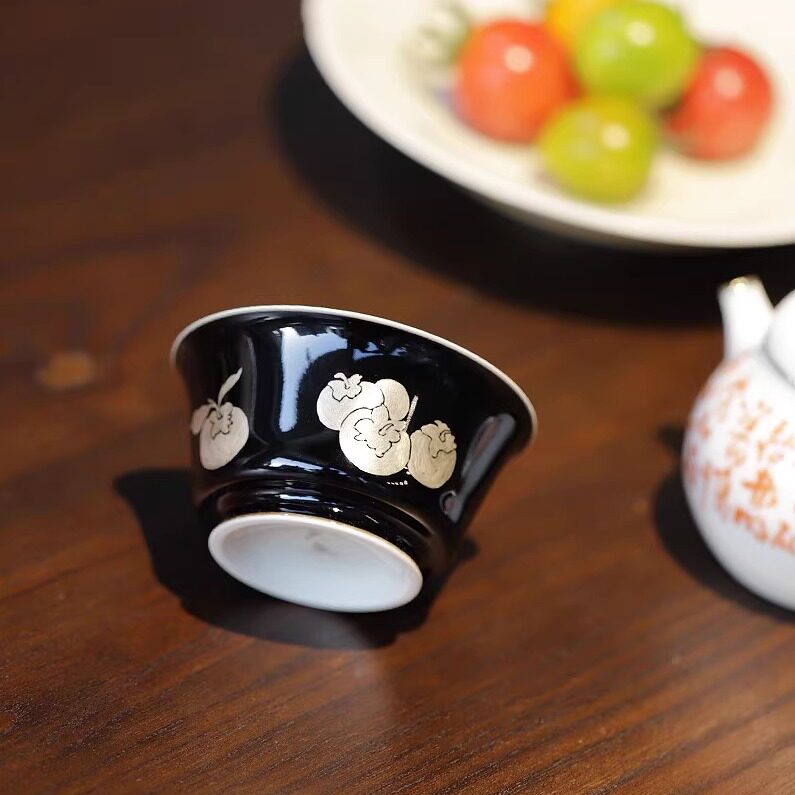 大鱼美器 烟墨柿柿如意杯 茶具礼品陶瓷主人杯手工茶器景德镇手绘