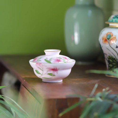 大鱼美器 珐琅彩粉百合泡茶碗 陶瓷盖碗景德镇纯手工手绘高端茶器