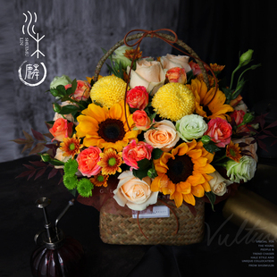 水木麟厦门花店花盒鲜花同城送花速递向日葵花花束手提花篮桌花