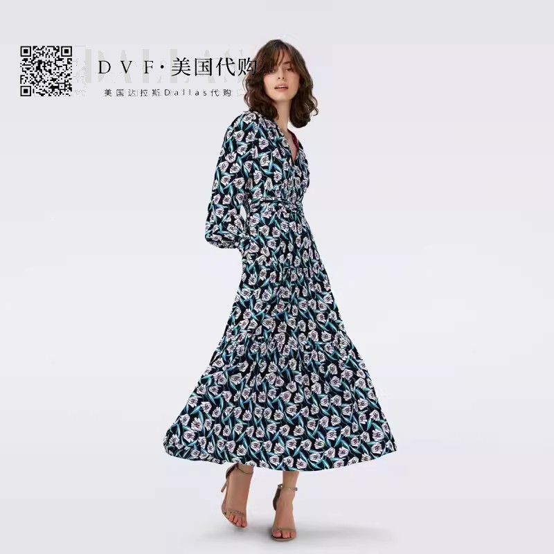 包邮DVF2024早春新款女装长款蓝白命运之花V领长袖优雅连衣裙GIL