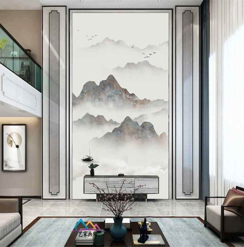 别墅挑高电视背景墙壁纸中式水墨山水壁画茶室玄关复式楼墙布壁布