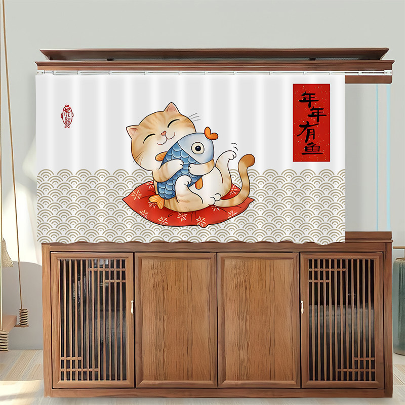 鱼缸遮挡帘年年有鱼免打孔定制挡光拉帘子遮阳布帘遮盖布帘子挂帘