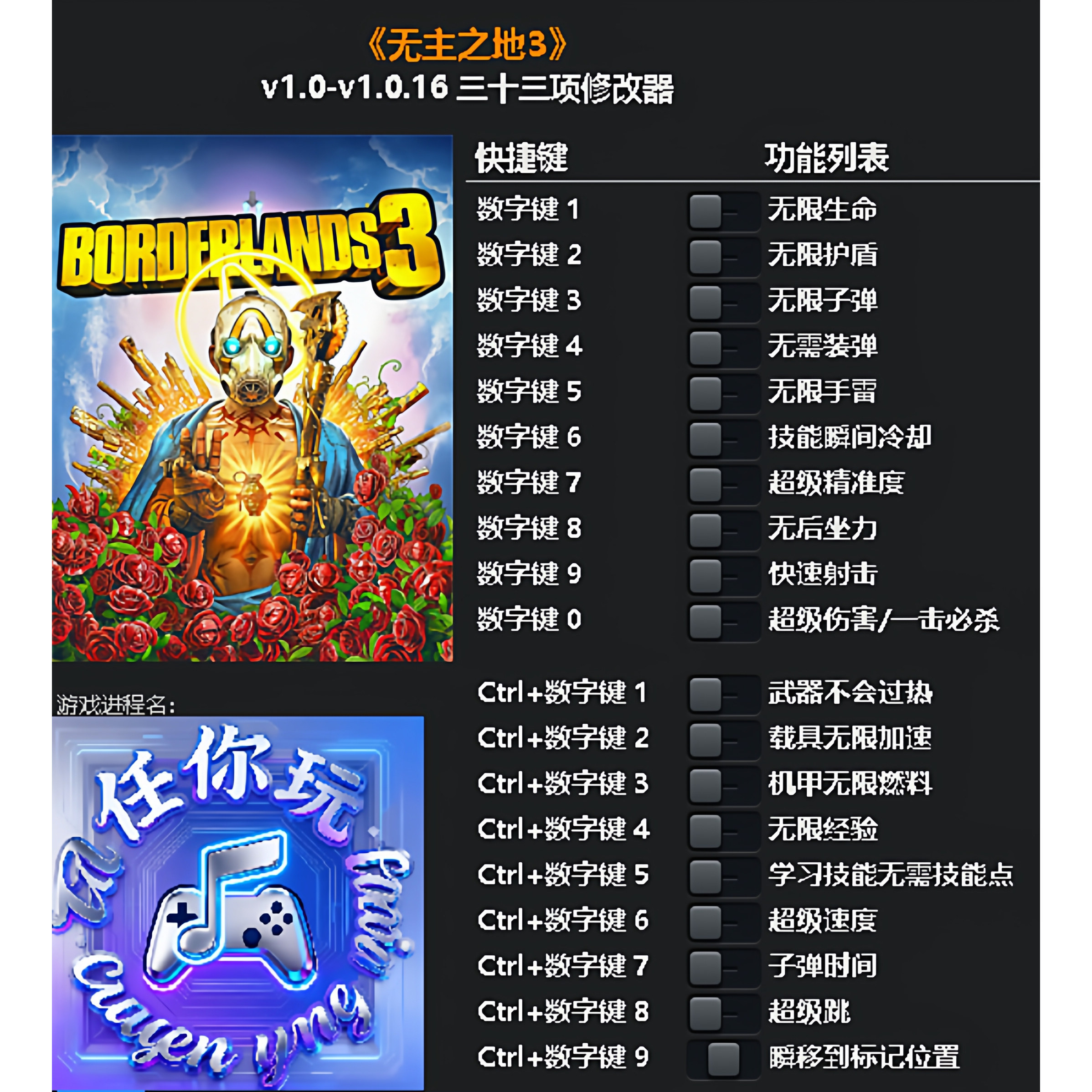 《无主之地3》修改器 Steam正版专用电脑科技辅助工具不含游戏