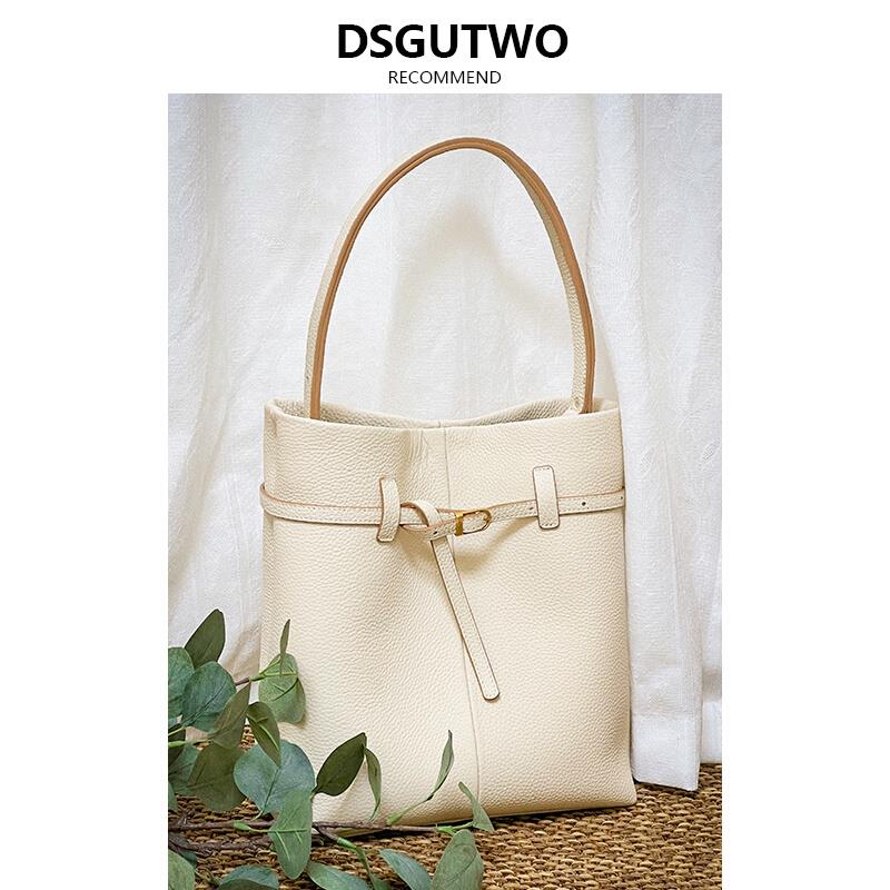 DSGUTWO头层牛皮水桶包女单肩斜挎包装小众设计通勤腋下包百搭