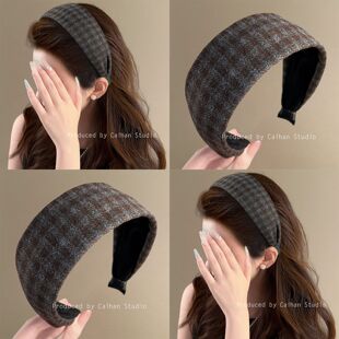 栗秋巴菲~复古咖色格纹发箍女日常外戴秋冬氛围感宽边头箍盘发器