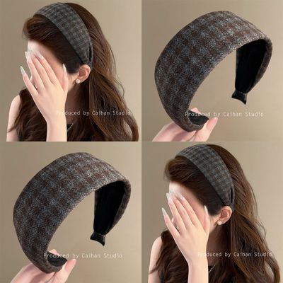 复古格纹宽边发箍女秋冬盘发