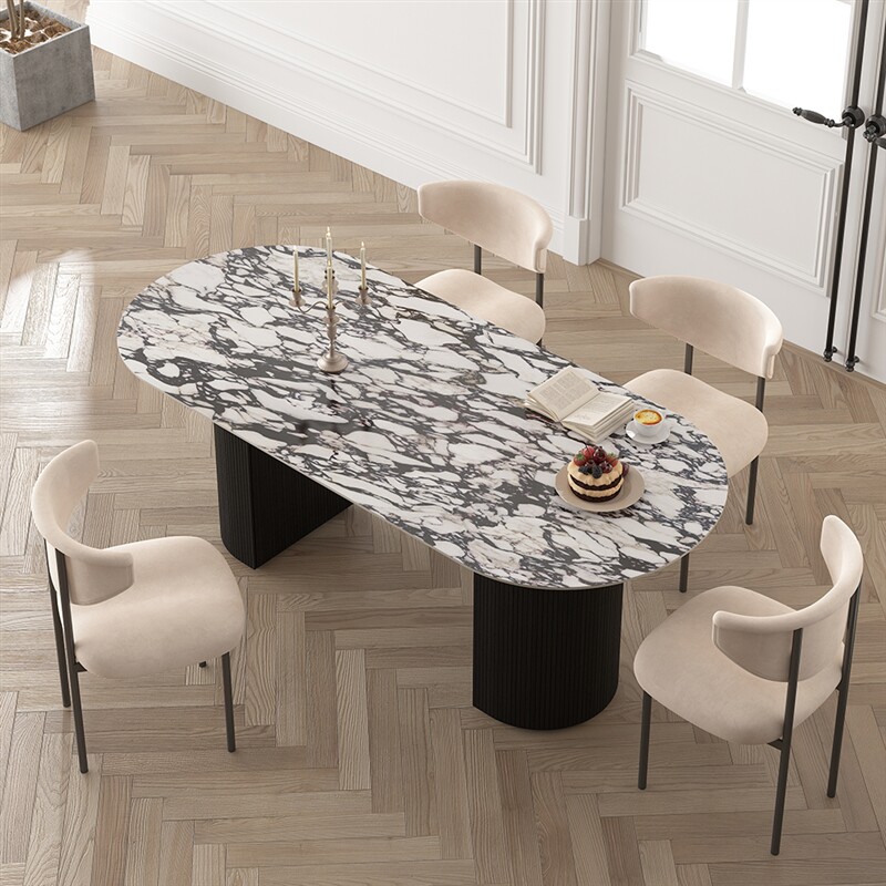 联邦家具法式中古宝格丽大理石纹岩板餐桌现代简约北欧复古椭圆餐