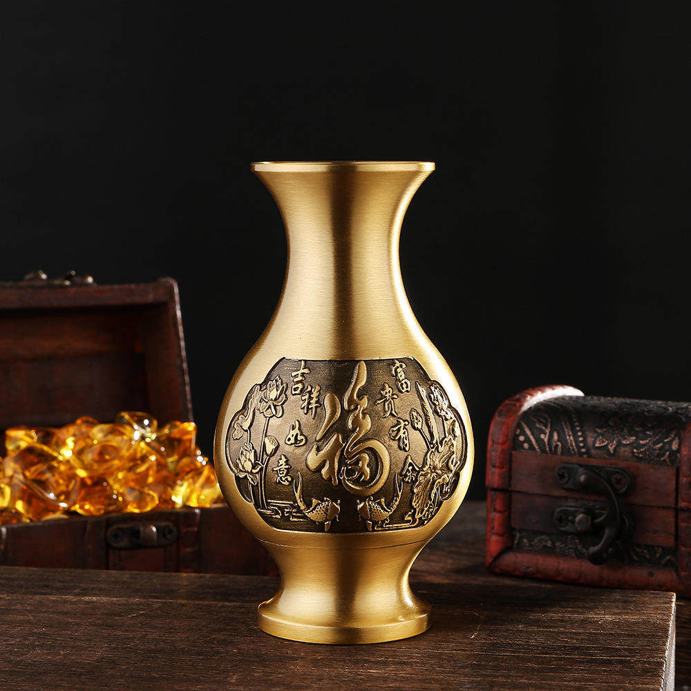 富贵福供佛铜干花家用佛堂插花家居装饰工艺品摆件黄铜花瓶