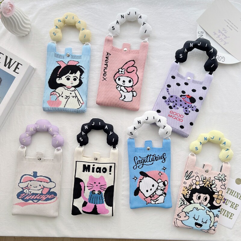 韩版可爱针织手机包女斜挎小巧轻便迷你单肩时尚零钱包手提小方包