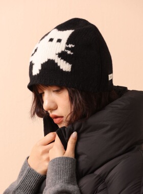 新款100%羊毛猫咪针织毛线帽女秋冬保暖时尚百搭显脸小套头冷帽潮