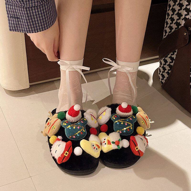卡通圣诞玩偶包头拖鞋秋冬圣诞树圣诞元素室内保暖防滑毛绒棉拖鞋