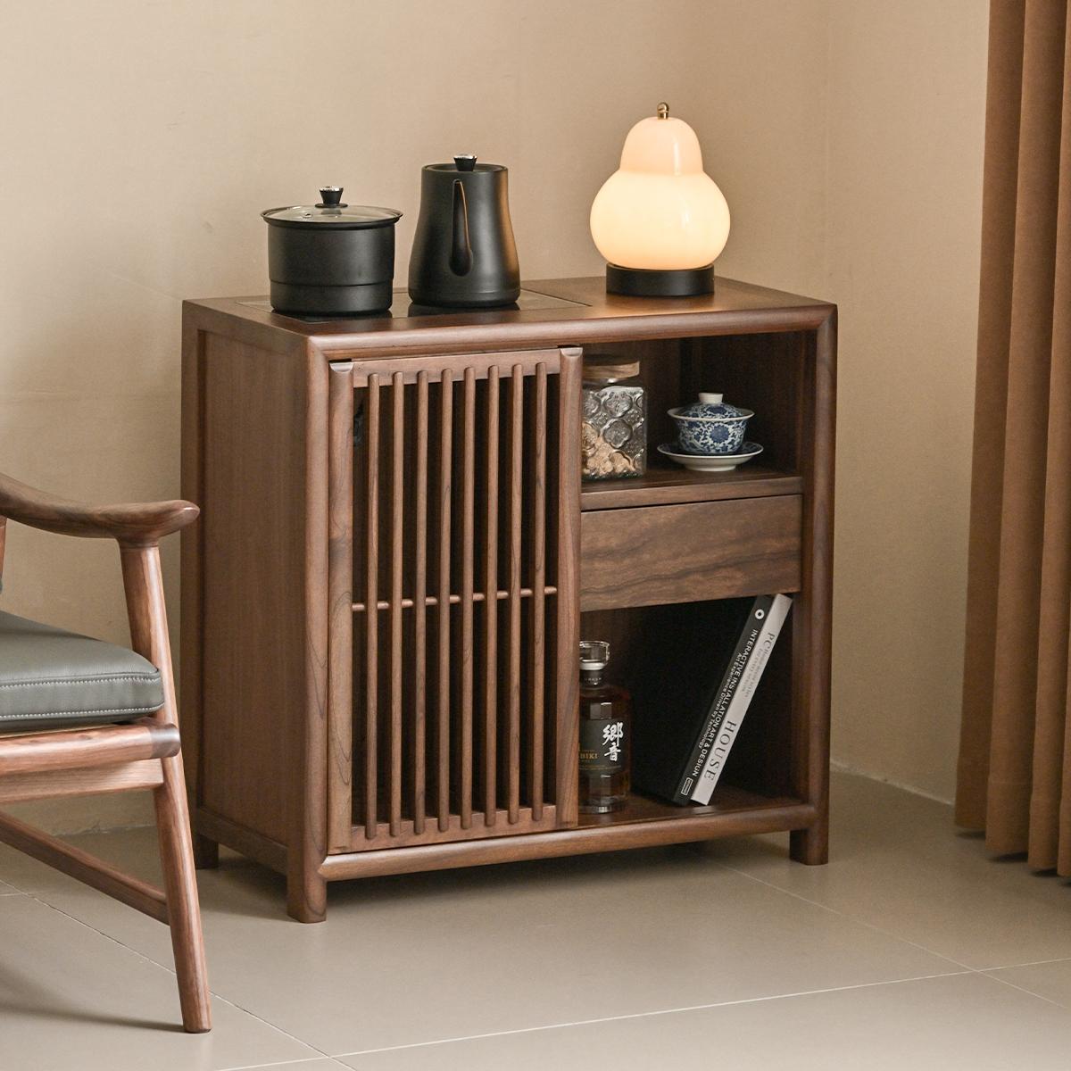 新中式实木茶水柜茶桌边柜黑胡桃木茶边几烧水壶一体带抽屉储物柜