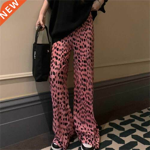 PLAMTEE Women Pink Leopard Straight Summer Trousers New High