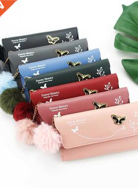 New Fashionable Women Long Wallets Pure Color Wool Ball Bow