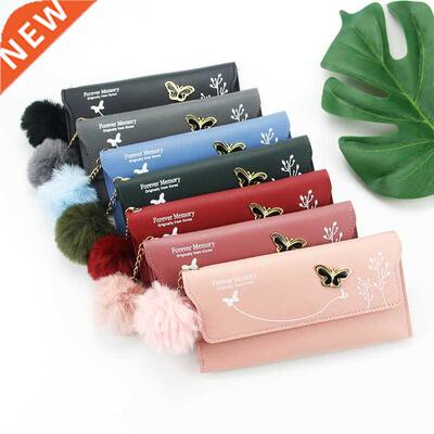 New Fashionable Women Long Wallets Pure Color Wool Ball Bow