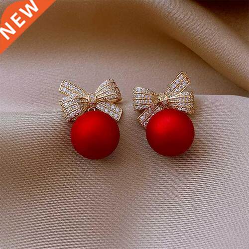 Fashion Crystal Bow Knot Stud Earrings For Women Pearl Cherr