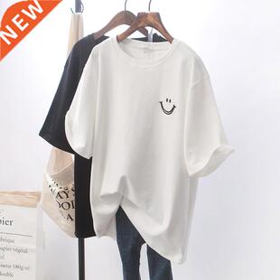 Loose White Black Short-sleeved T-shirt Smile Face Printed W