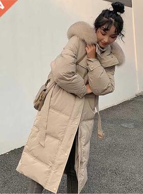 Long Fox Fur Hooded Winter Down Coat Women 90% White Duck Do