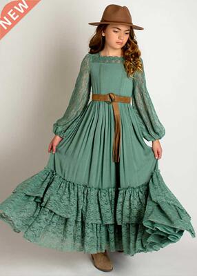 Christmas Girls Lace Long Sleeve Lace Dress Teenage Kids Ele