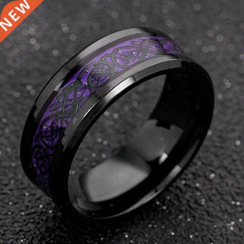 8mm Men Stainless Steel Dragon Ring Inlay Purple Black Carbo