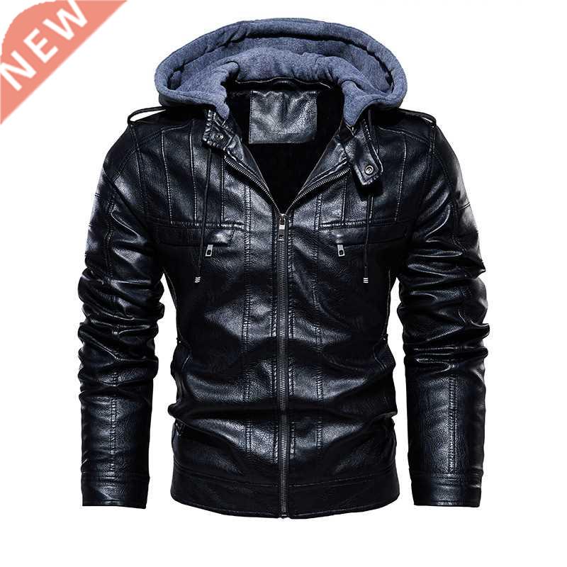 Mens Jacket PU Leather Jacket Men Hooded Coat Fur Lined Moto图片