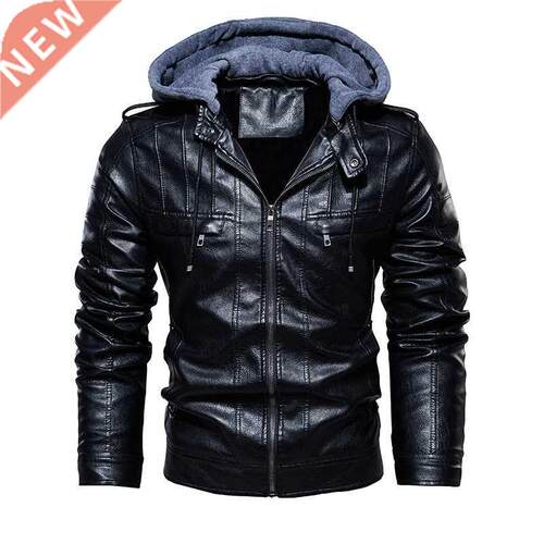 Mens Jacket PU Leather Jacket Men Hooded Coat Fur Lined Moto