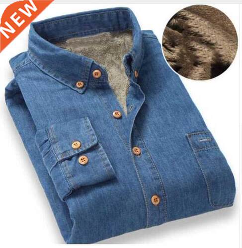 Quality Warm Winter Denim Jeans Dress Shirt Men Fleece Lined