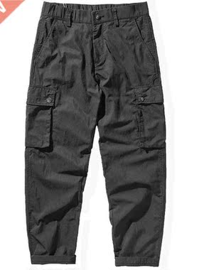 Summer pocket overalls tide black men's casual pants loose e