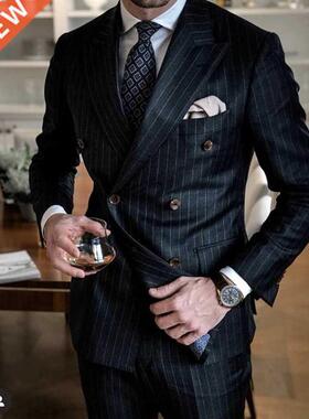 Blck Stripe Men Suit Double Brested Blzer Ltest Cot Pn
