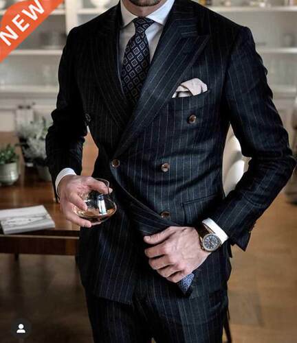 Blck Stripe Men Suit Double Brested Blzer Ltest Cot Pn