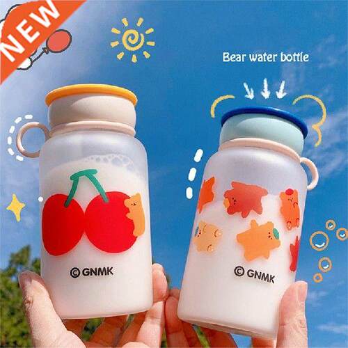 Cute Cherry Bear Frosted Glass Water Bottle With Tea