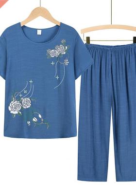 Summer Women Pants Pajama Set Short Sleeve Floral Print Suit