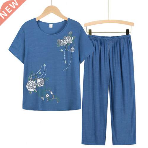 Summer Women Pants Pajama Set Short Sleeve Floral Print Suit
