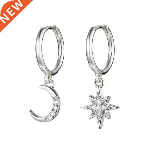 Prevent Allergy Silver Color Asymmetrical Star Moon Earrings