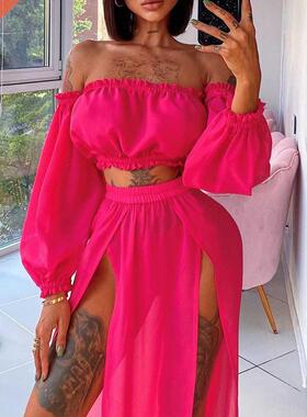 2022 Women Beach 2pcs Bikini Cover-Ups Swimsuit Off Shoulder