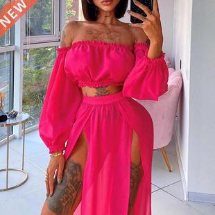 2022 Women Beach 2pcs Bikini Cover-Ups Swimsuit Off Shoulder