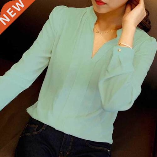 Spring Autumn White Blouses Office Shirts Women V-Neck Tops