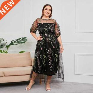 XL-4XL大码女士网纱印花夏季连衣裙Large size ge dress2023