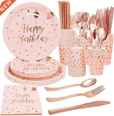 Happy Brthday Decoratons Rose Gold dot Dsposable Tablewar